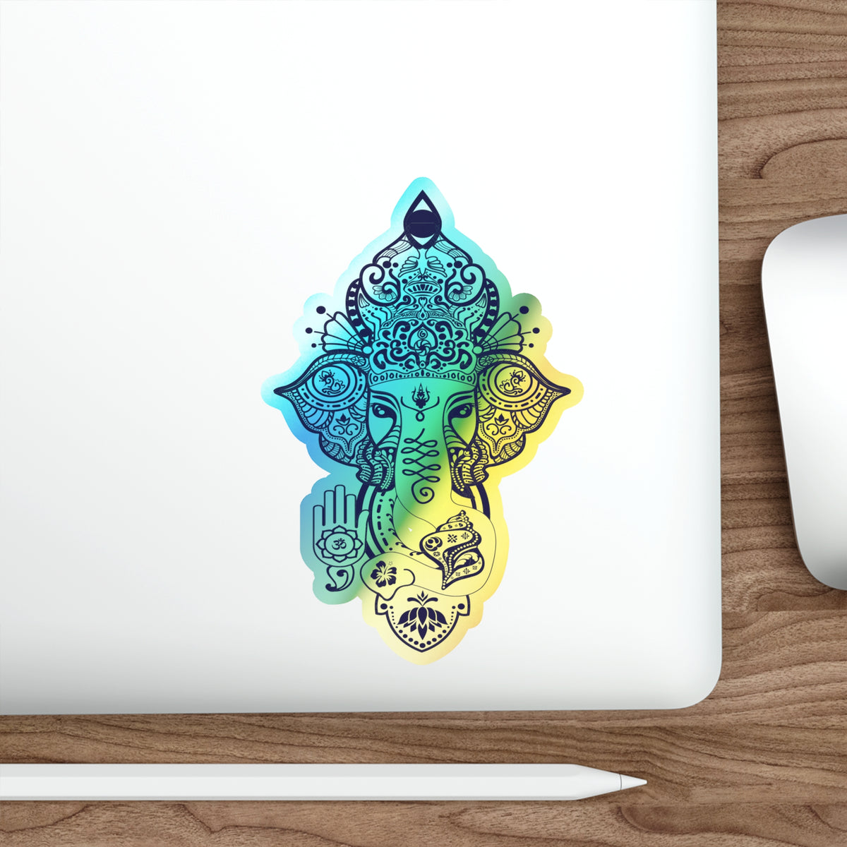 Shri Ganesha Holographic Sticker — Die-Cut Iridescent Design