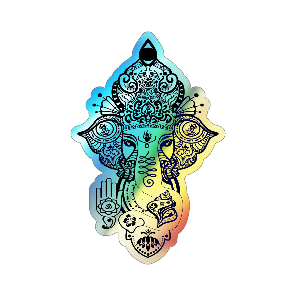 Shri Ganesha Holographic Sticker — Die-Cut Iridescent Design