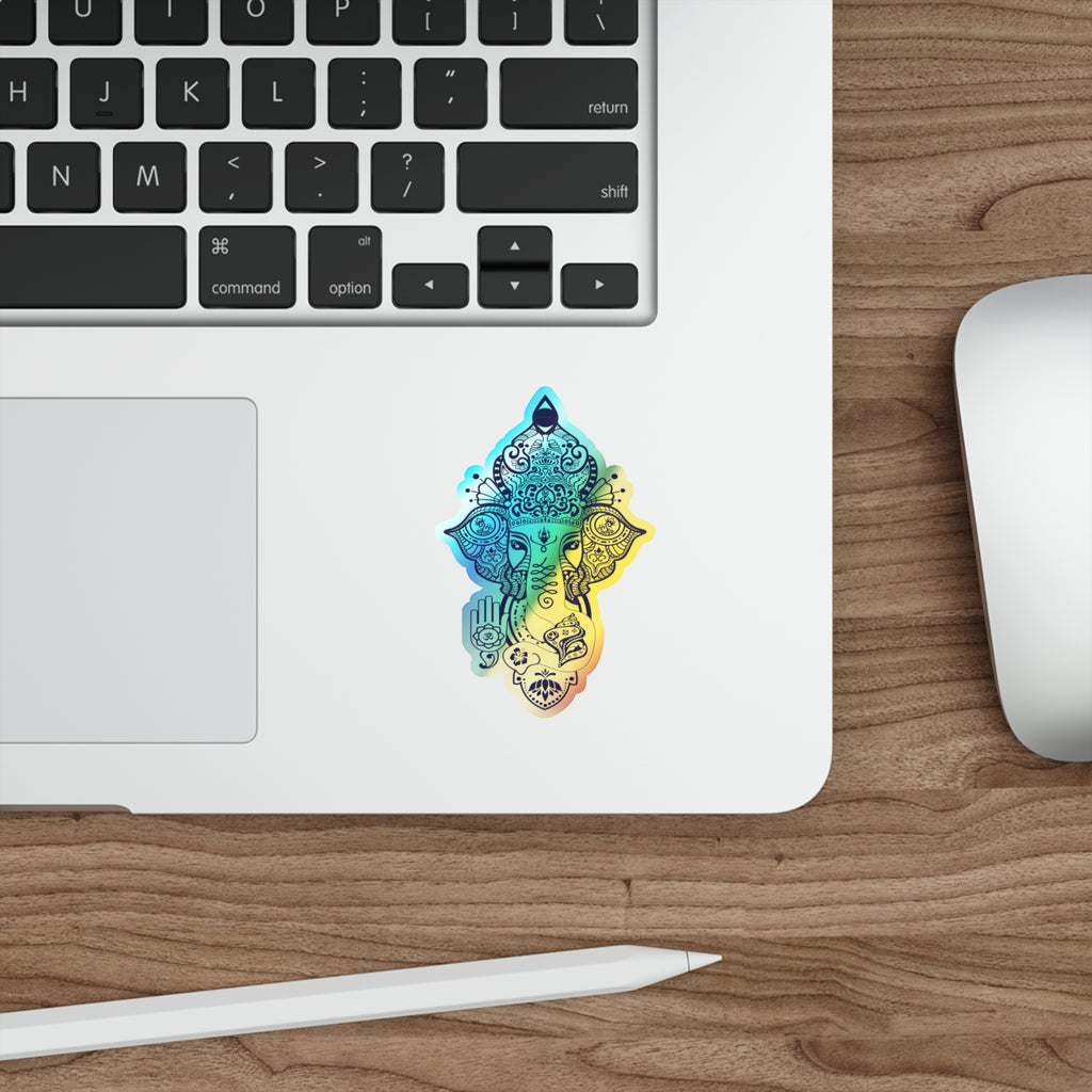Shri Ganesha Holographic Sticker — Die-Cut Iridescent Design