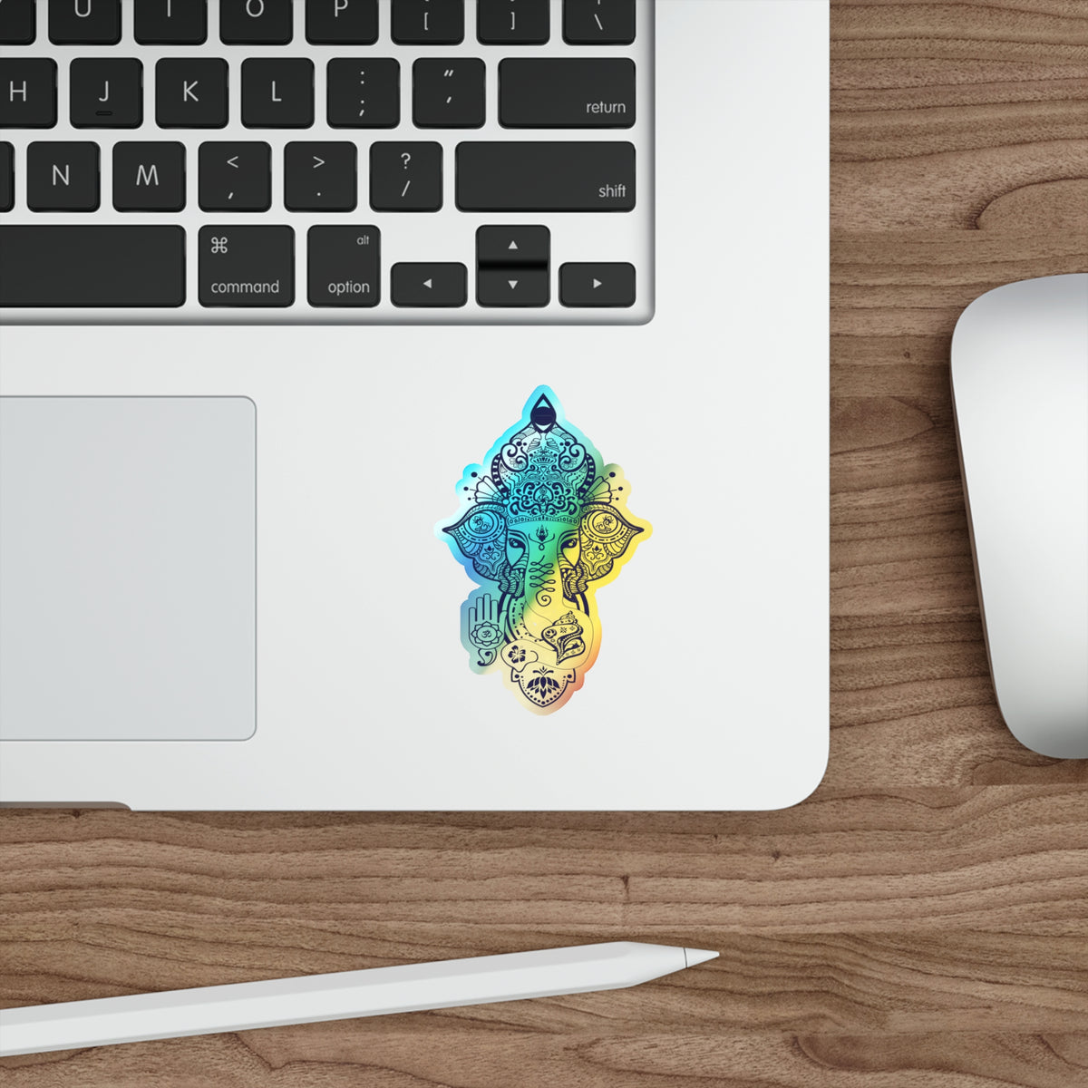 Shri Ganesha Holographic Sticker — Die-Cut Iridescent Design