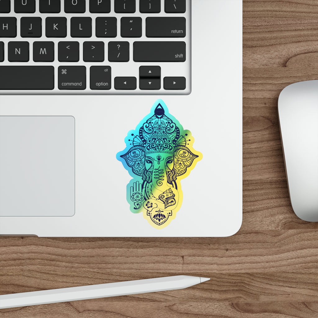 Shri Ganesha Holographic Sticker — Die-Cut Iridescent Design