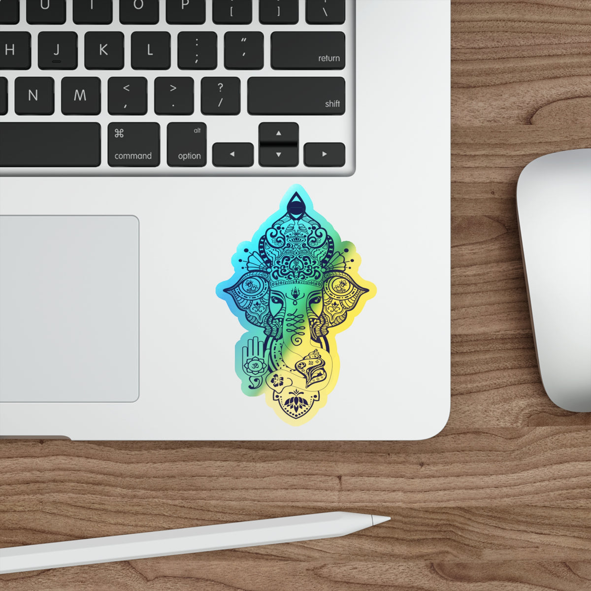 Shri Ganesha Holographic Sticker — Die-Cut Iridescent Design