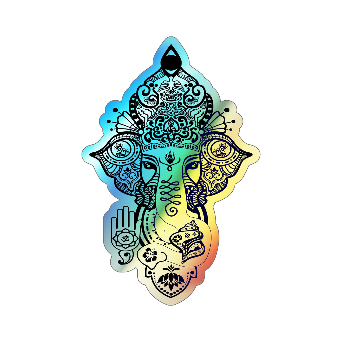 Shri Ganesha Holographic Sticker — Die-Cut Iridescent Design