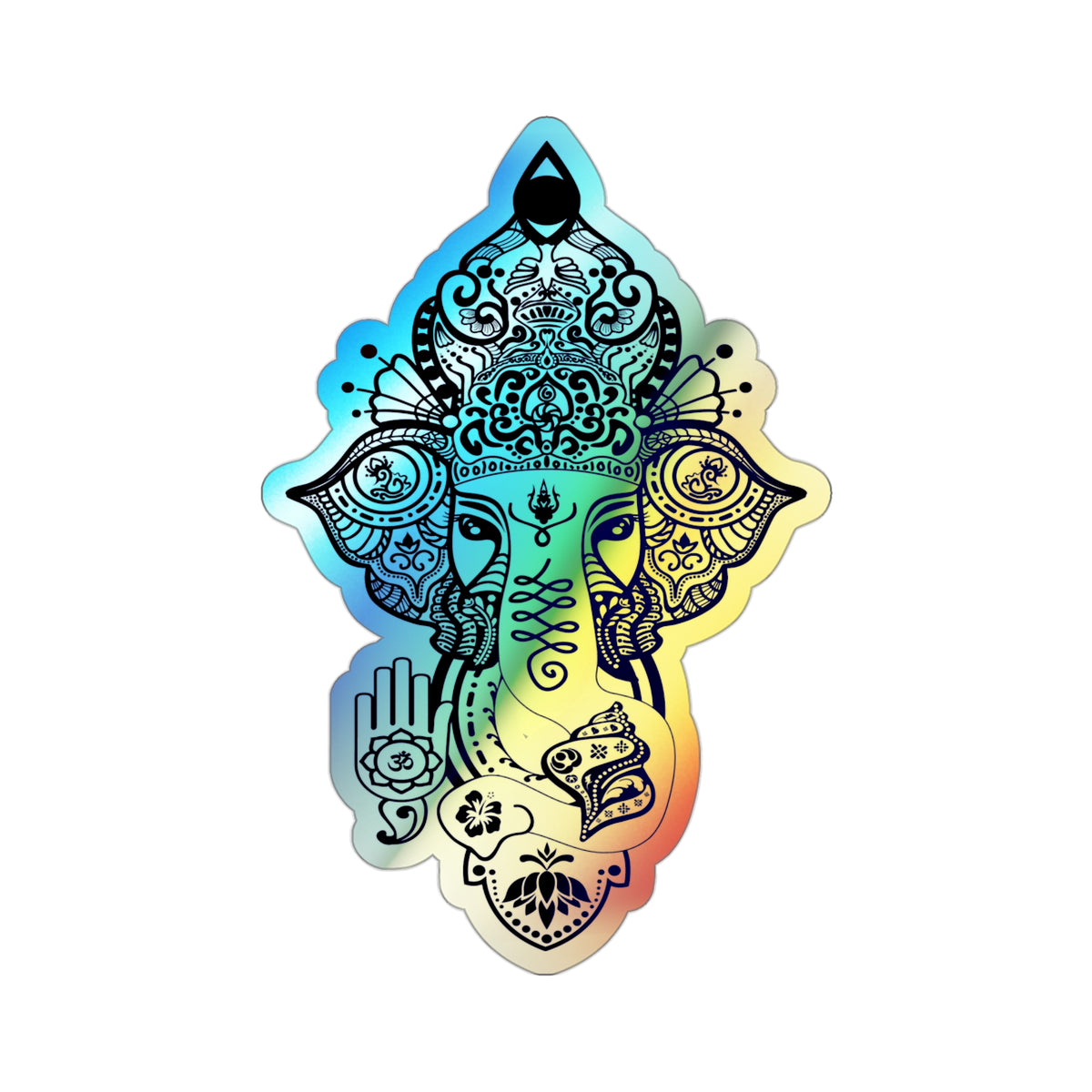 Shri Ganesha Holographic Sticker — Die-Cut Iridescent Design