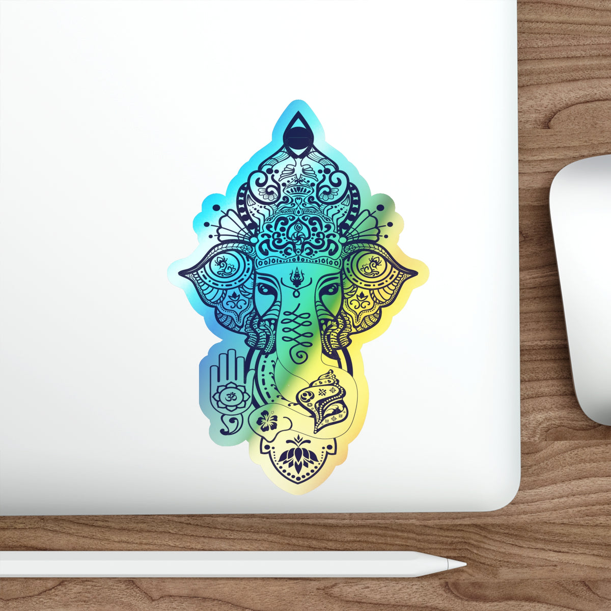 Shri Ganesha Holographic Sticker — Die-Cut Iridescent Design